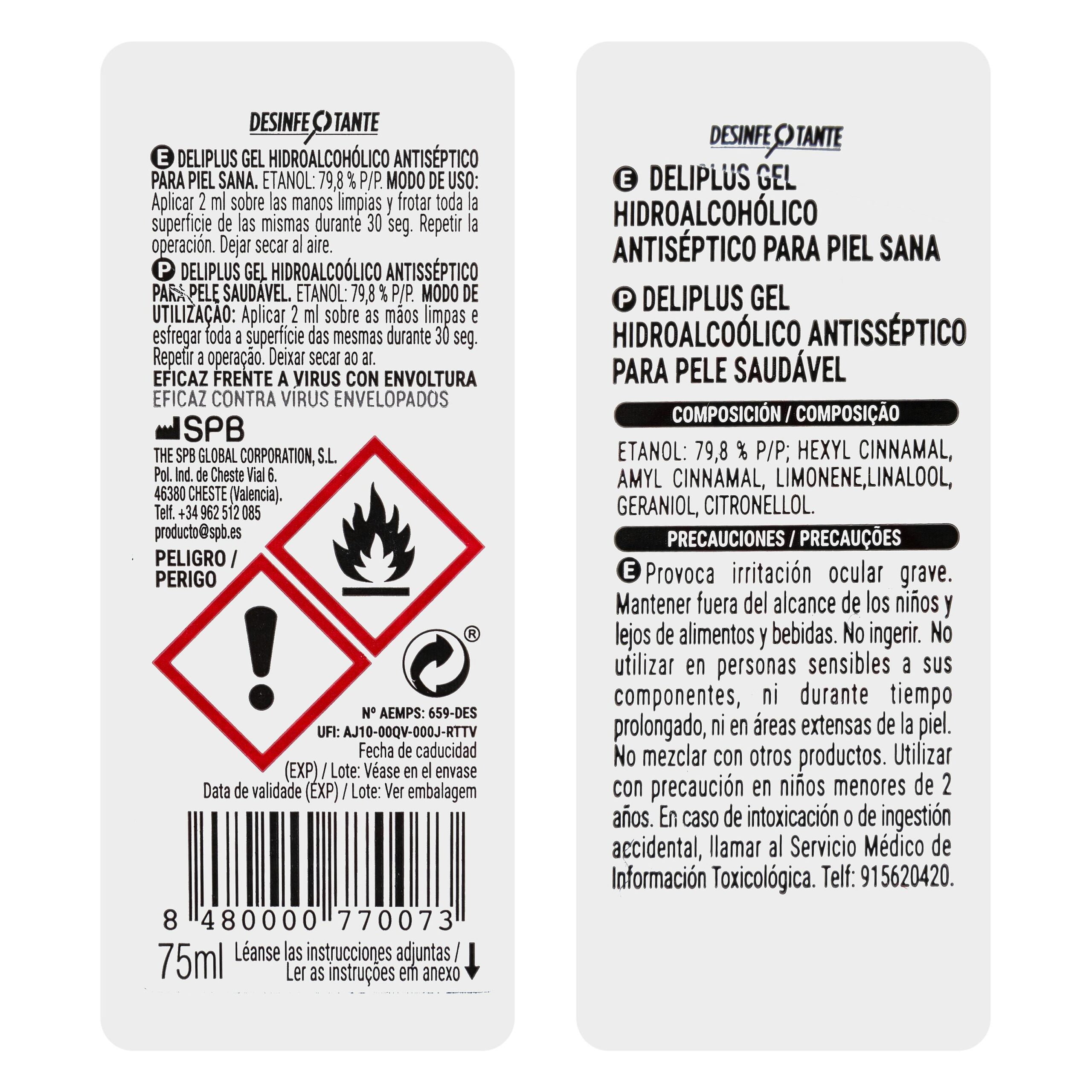 Etiqueta Gel de manos hidroalcohólico 80% alcohol Deliplus antiséptico sin aclarado